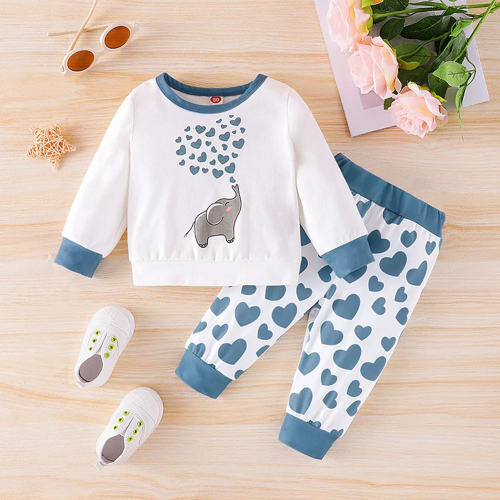 2022 Winter New Baby Girl Set, Elephant, Heart-shaped, Round Neck Long Sleeve T-shirt + Long Pants Set, Suitable for 3-24 Months