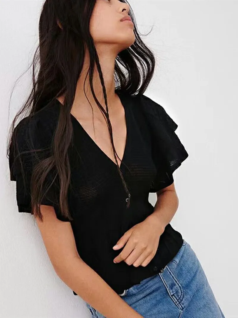 

Women Single-Breasted Elegant Blouse French V-Neck Hollow Out Ladies Butterfly Sleeve Shirt and Tops 2022 Summer New