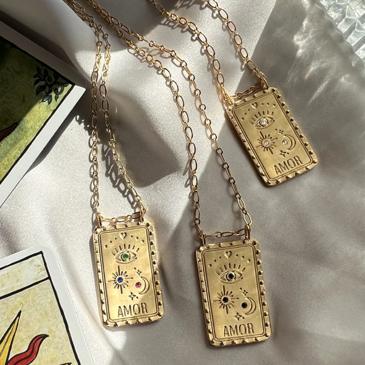 

Stainless Steel Moon Sun Tarot Pendant Necklace for Women Gold Plated Exquisite Zircon Evil Eye Amor Sweater Chain Jewelry Gifts