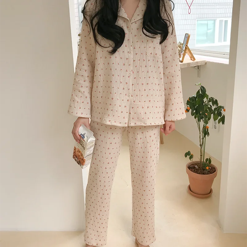

Cotton Linen Sleepwear Set Sweet Cute Cherry Print Pajamas Vintage Kawaii Notched Pocket Home Suit Shirt+Trousers Button S890