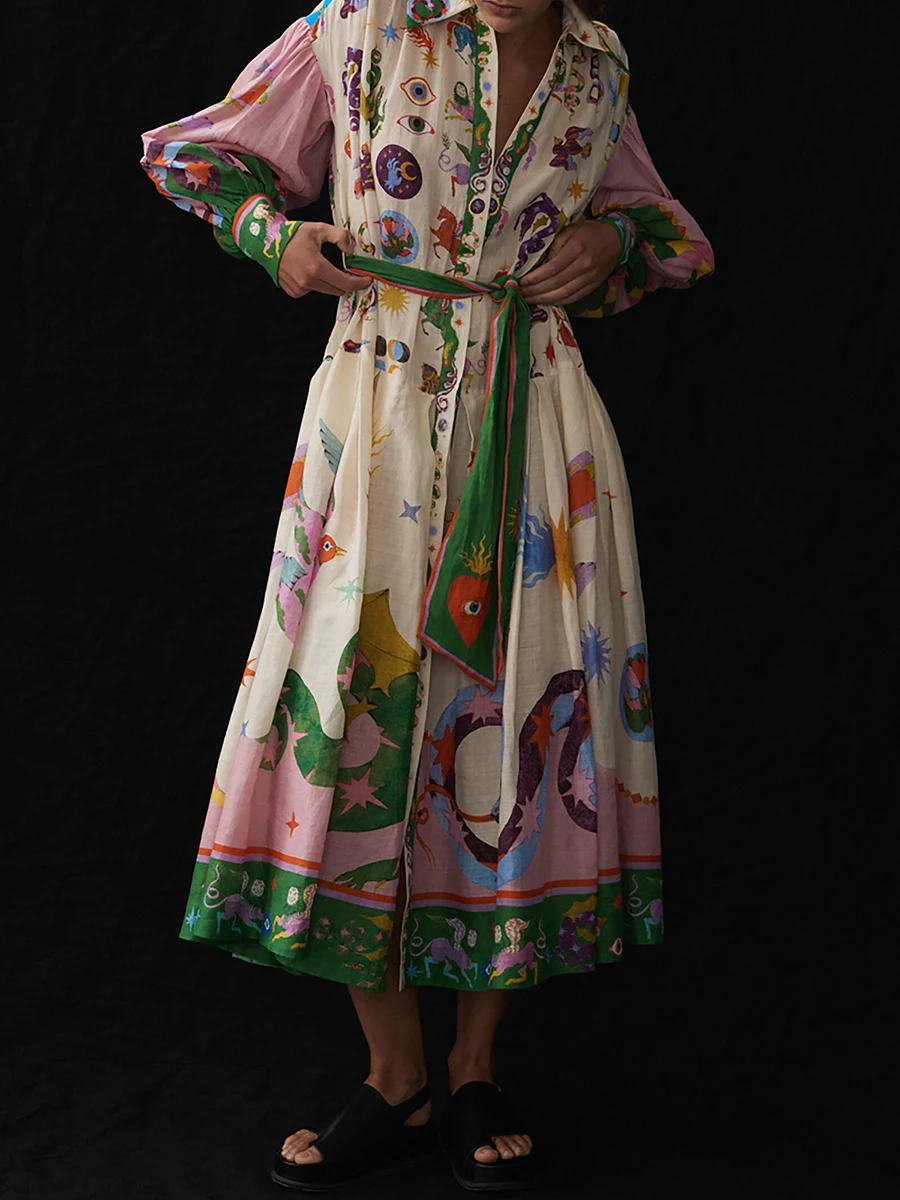

Женское винтажное платье миди с поясом, свободное платье с длинным рукавом-фонариком и графическим принтом, пуговицами спереди и лацканами