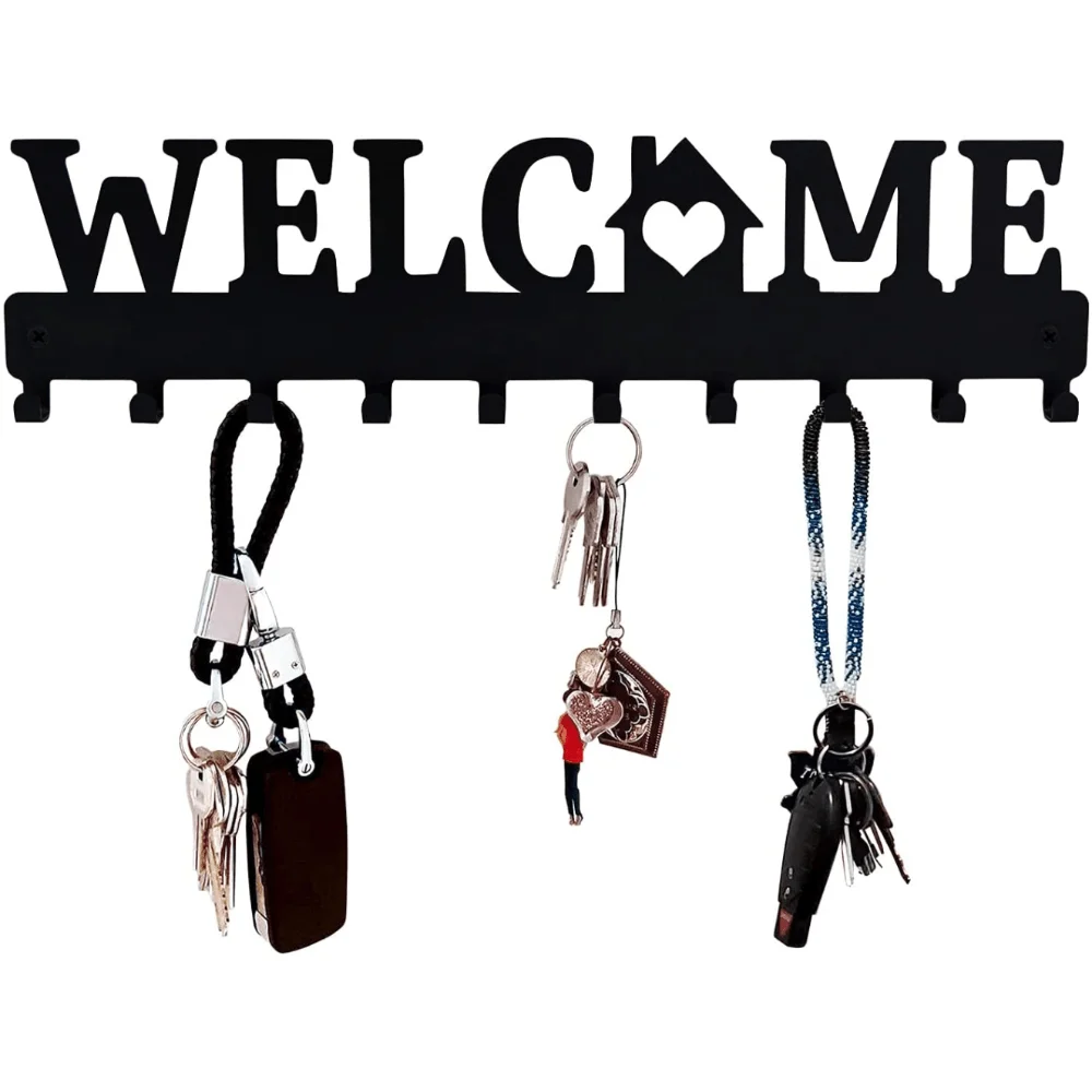 

10 Hooks Key Holder For Wall Black Metal Keys Holder Decorative Wall Mounted WELCOME Design Style Key Rack For Wall Key Hanger