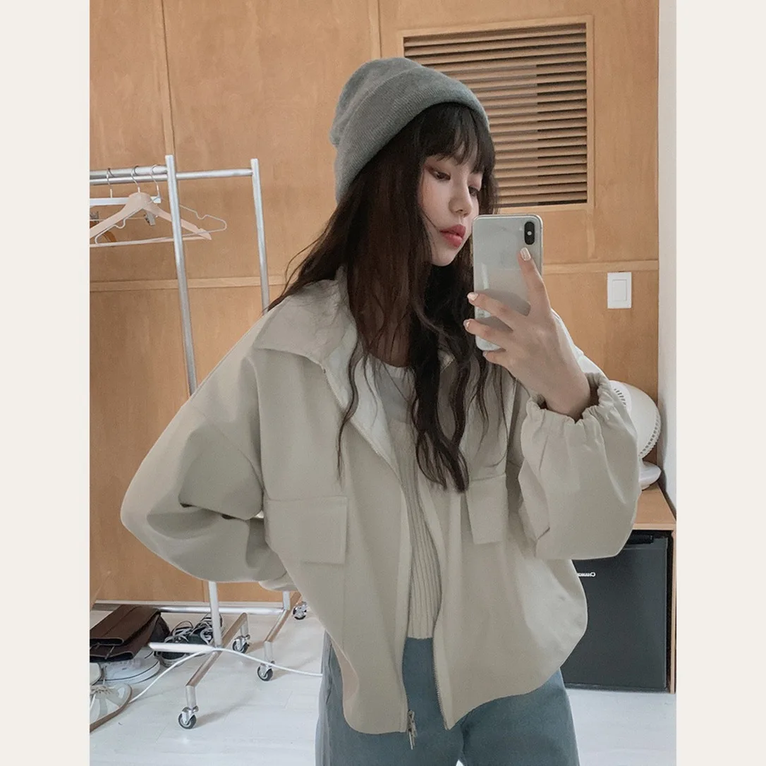 New Women's Stand Collar Zipper Faux Leather Jacket Pu Motorcycle Rider Jacket Lapel Puff Sleeve Loose Streetwear Punk Jacket