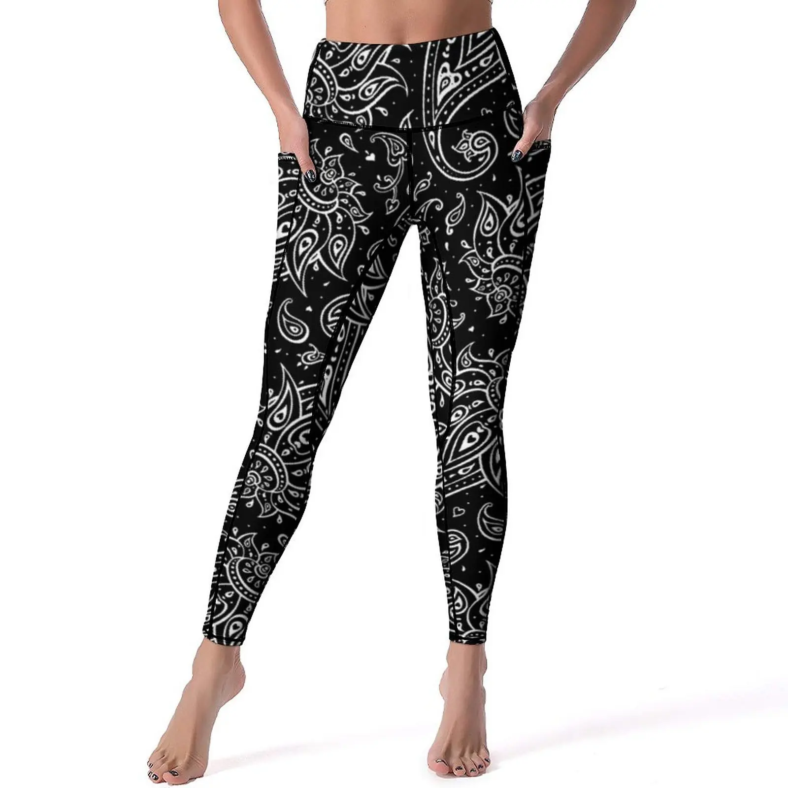 

Baroque Floral Yoga Pants Pockets White Paisley Leggings High Waist Novelty Yoga Sports Tights Stretch Graphic Workout Leggins