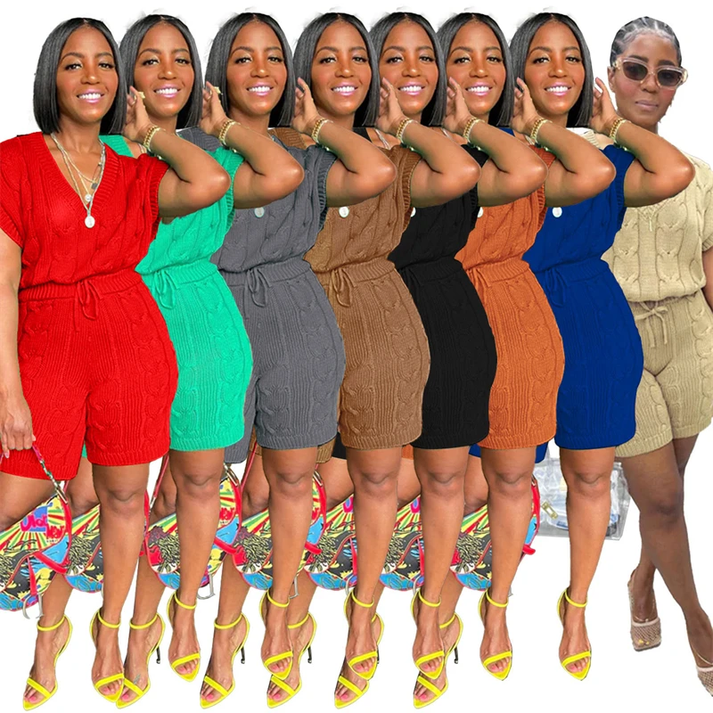 

Solid Knitted Sweater Two Piece Set Women V Neck Sleeveless Vest Top And Shorts Highly Stretchy Fashion Casual Streetwear Suits