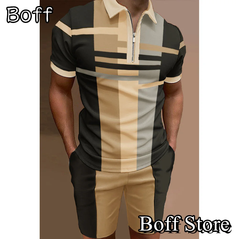 

Summer Men Vintage Polo Shirt Shorts Set Male Fashion Trend Outfit 2 Pieces Casual Tracksuit Male Zipper Lapel Clothing
