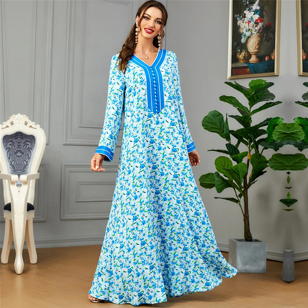 

2023 Floral Print Abayas for Women Autumn Muslim Dress Dubai Turkey Kaftan Gulf Jalabiya Robe Femme Musulmane Longue Vestidos