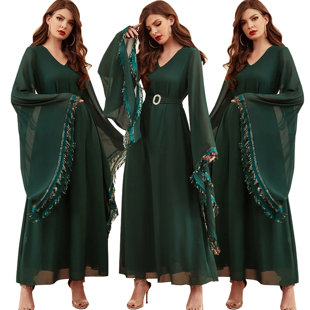 

Eid Mubarak Tassel Elegant Abaya Muslim Women Maxi Dress Turkey Morocco Kaftan Arabic Islamic Evening Party Gown Jalabiya Caftan
