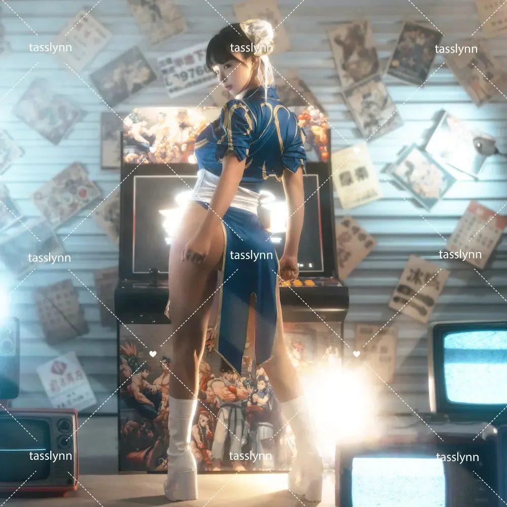 Игры костюмы для косплея Чунь ли Хэллоуина женское платье-Ципао синего цвета