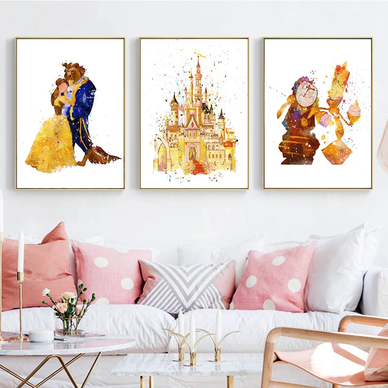 

Watercolor Classic Disney Movie Beauty and The Beast Canvas Painting Wall Art Princess Belle Beast Castle Poster for Home Decor