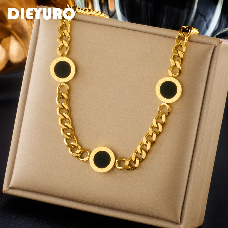 

DIEYURO 316L Stainless Steel Double-Sided Round Roman Numerals Necklace For Women Girl New Trend Neck Chain Choker Jewelry Gift