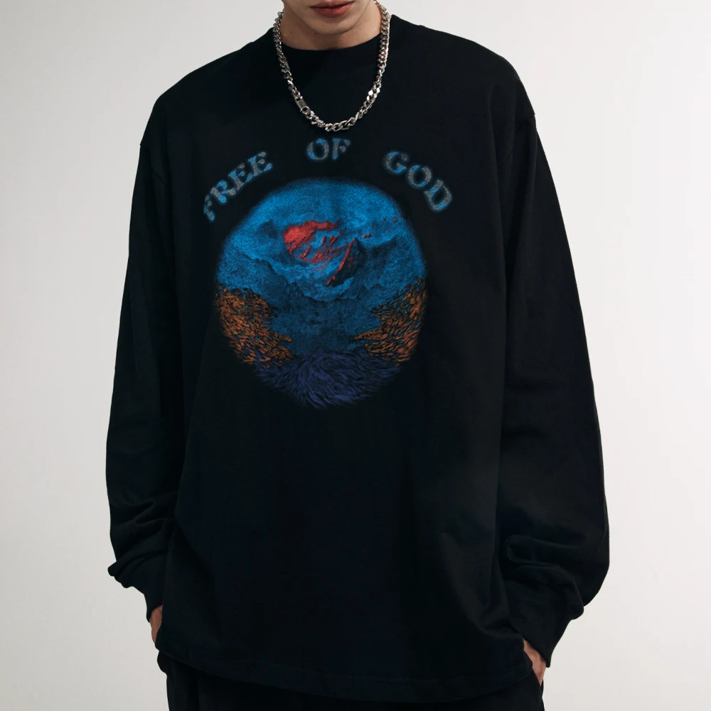 

Men Oversize Long Sleeve Tshirt Harajuku Hip Hop Streetwear Tees Mountain Graphic T-shirt Autumn Winter Cotton Fashion T Shirt