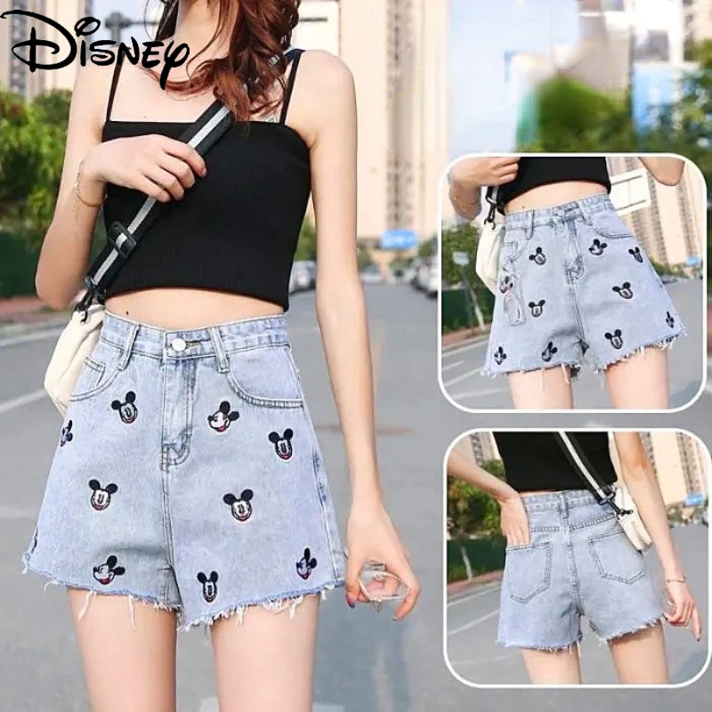 

Disney Mickey Summer Girls New Embroidered Cartoon Cute Denim Shorts Casual High Waist Fried Street High Sensation Loose Pants