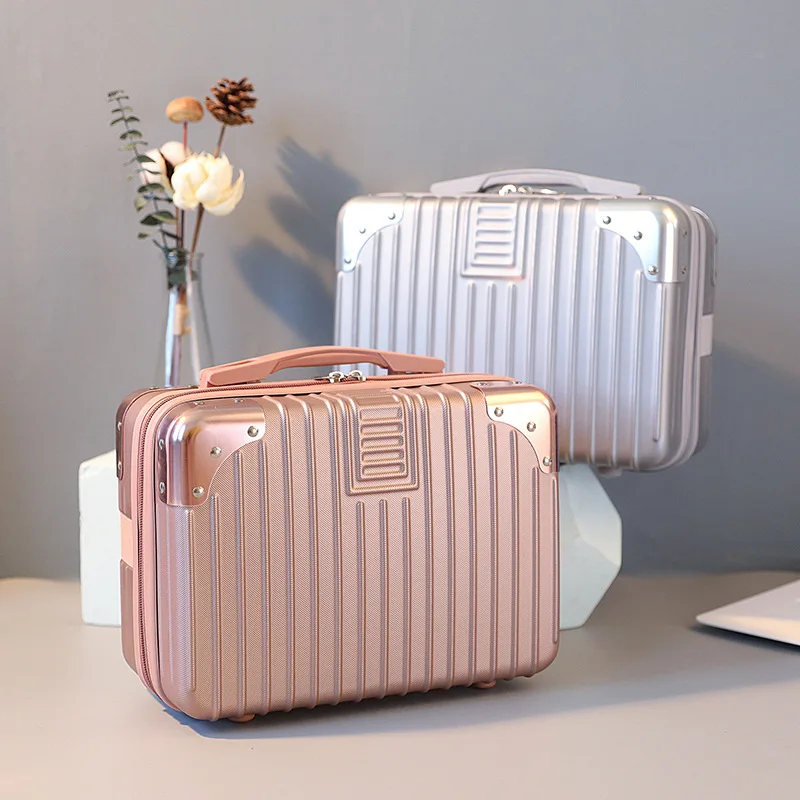 Portable Travel Handheld Luggage for Women Small 14 Inch Makeup Box Lightweight Travel Mini Simple Stripe Suitcase Cosmetic Case
