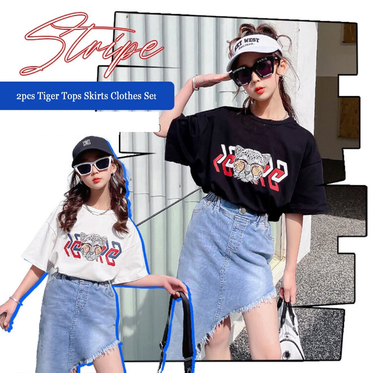 

Girls Denim Skirts Clothes Set 8 10 years Fashion Streetwear Summer 2 pieces Tiger Print Tops Teenage Girls Outfits