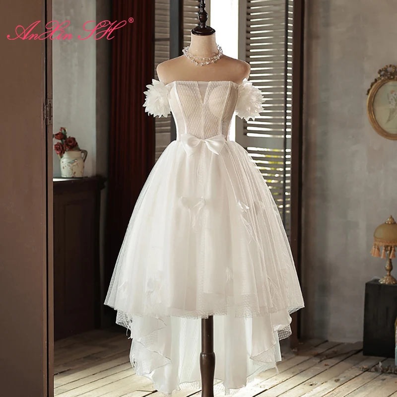 

Белое цветочное кружевное платье принцессы AnXin SH без бретелек с бисером и бантом с высоким/низким цветочным рукавом Короткое вечернее платье для невесты белое маленькое платье