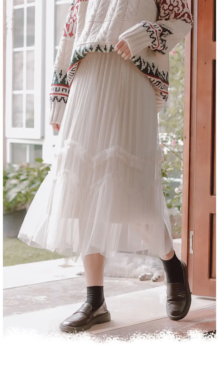 

Pure Color Lace Pleated Skirts Women Casual Korean Fashion Skirt Fairy Kawaii Clothing Spring Outwear Japanese Skirt