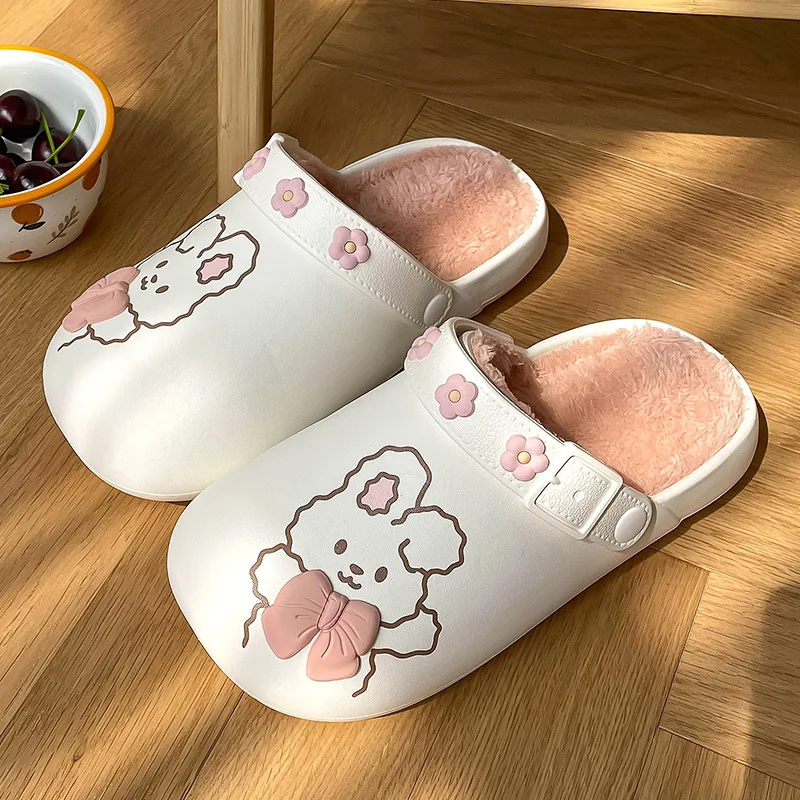 Indoor Winter Women Home Cotton Slippers Waterproof Short Plush Slides Cartoon Rabbit Memory Foam Fur Hairy Warm Ladies Shoes