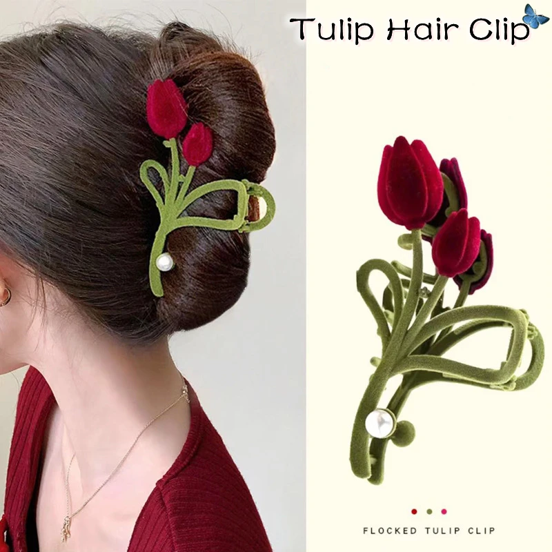 

Flocking Tulip Pearl Hair Claw Crab Large Hair Clips Ponytail Shark Clip Women Elegant Hairpin Headdress Korean Hair Accessorie