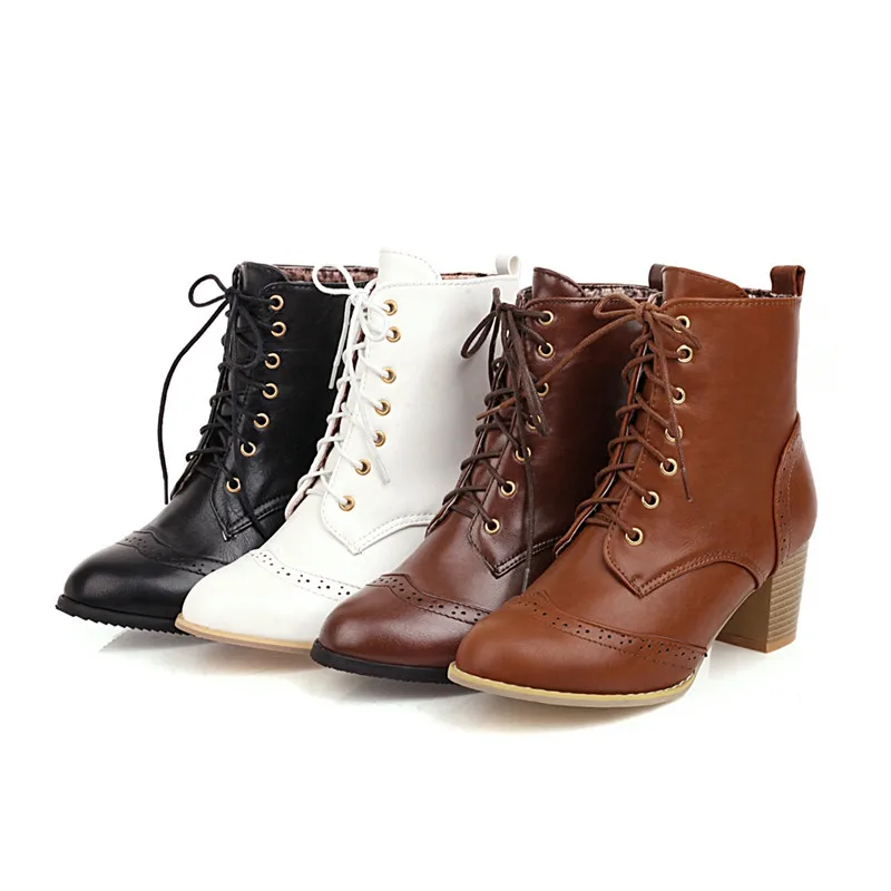 

Fashion Ankle Boots for Women Carved Design Brown Balck White Quality Boots Ladies Lace Up High Heel Booties Female Shoes Botas