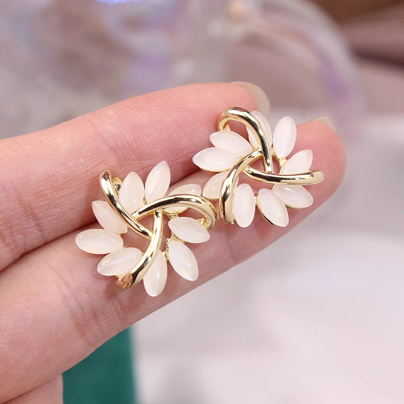 

Женские серьги-гвоздики с опалом, серьги с кубическим цирконием и листьями из 14-каратного золота, 2022