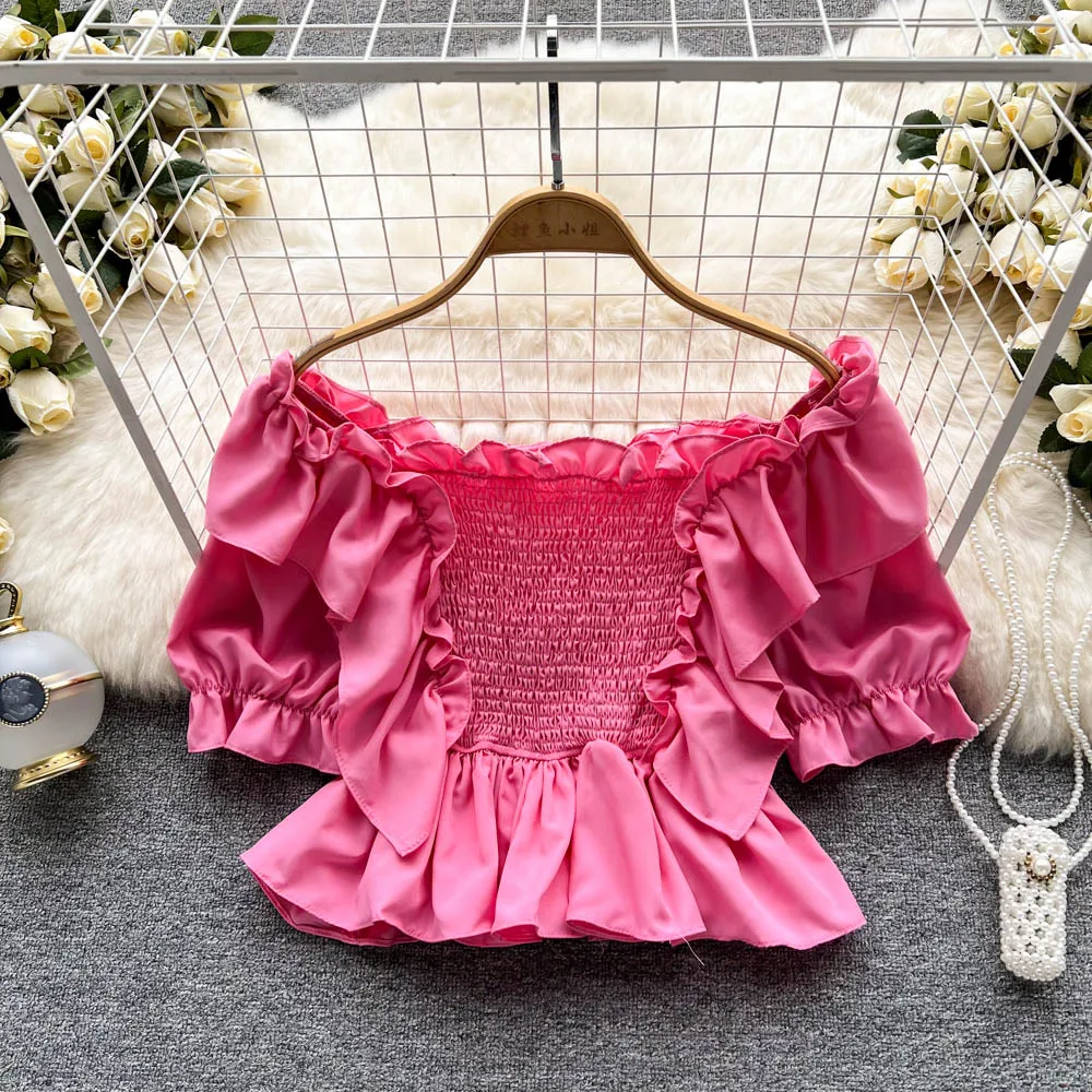 

Summer Women New Fashion Korean Ins Square Collar Short Sleeve Sweet Wooden Ear Retro Chic Chiffon Shirt Short Tops Blouse G007