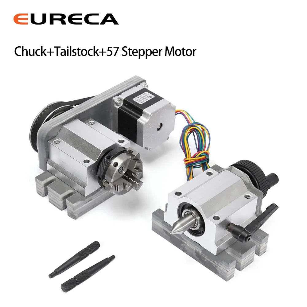 CNC Router Engraving Machine Tools Rotational 4th Axis Rotary Table A  Axis 3 Jaw 50mm Lath Chuck+Tailstock+Nema57 Stepper Motor
