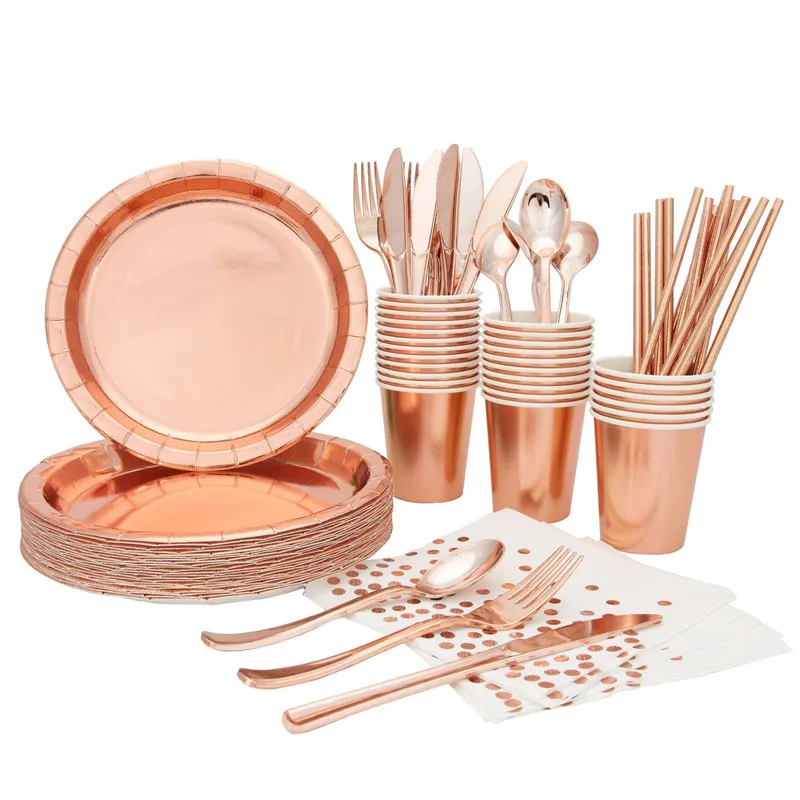 

Rose Gold Party Tableware Paper Plate Straws Birthday Party Decoration Latex Balloon Wedding Decoration Baby Shower Disposable
