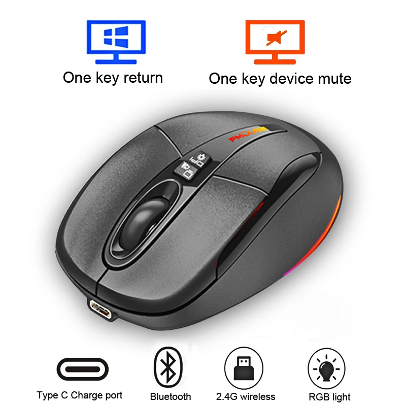 

Multi-Function Bluetooth 2.4G Wireless Mouse One-Click To Desktop Type-C Rechargeable Mute Silent RGB Backlight Mice 2400DPI