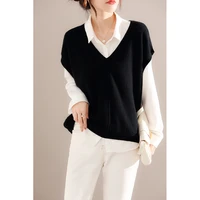 autumn and winter new womens v neck pullover wool sweater solid color sleeveless loose all match knitted bottoming vest