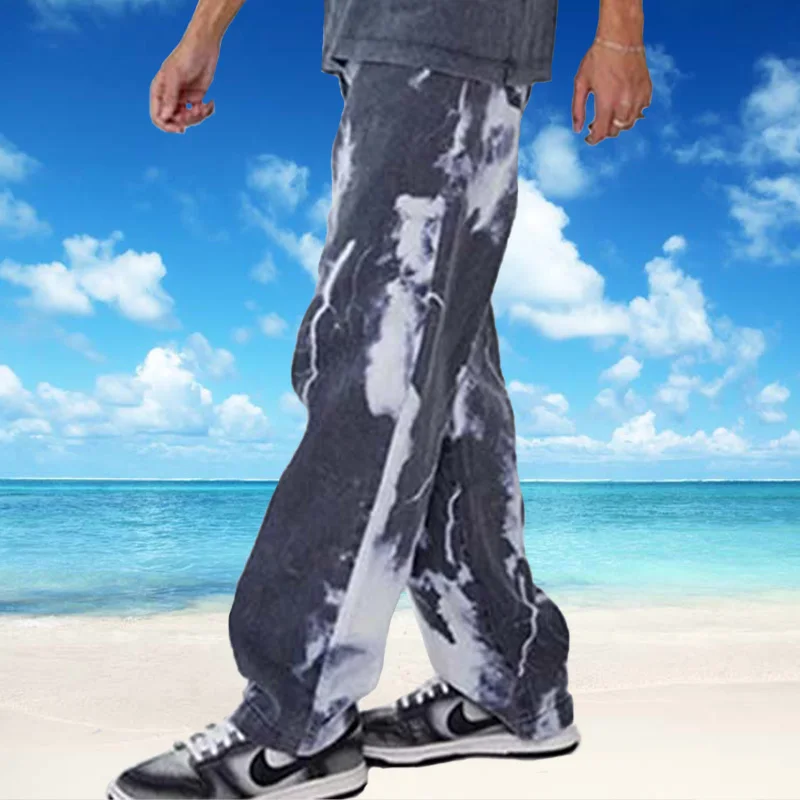 Loose Straight Jeans Men Tie Dye Print Sky Blue Denim Trouser High Quality Black Casual Pants Hip Hop Baggy Jeans Men