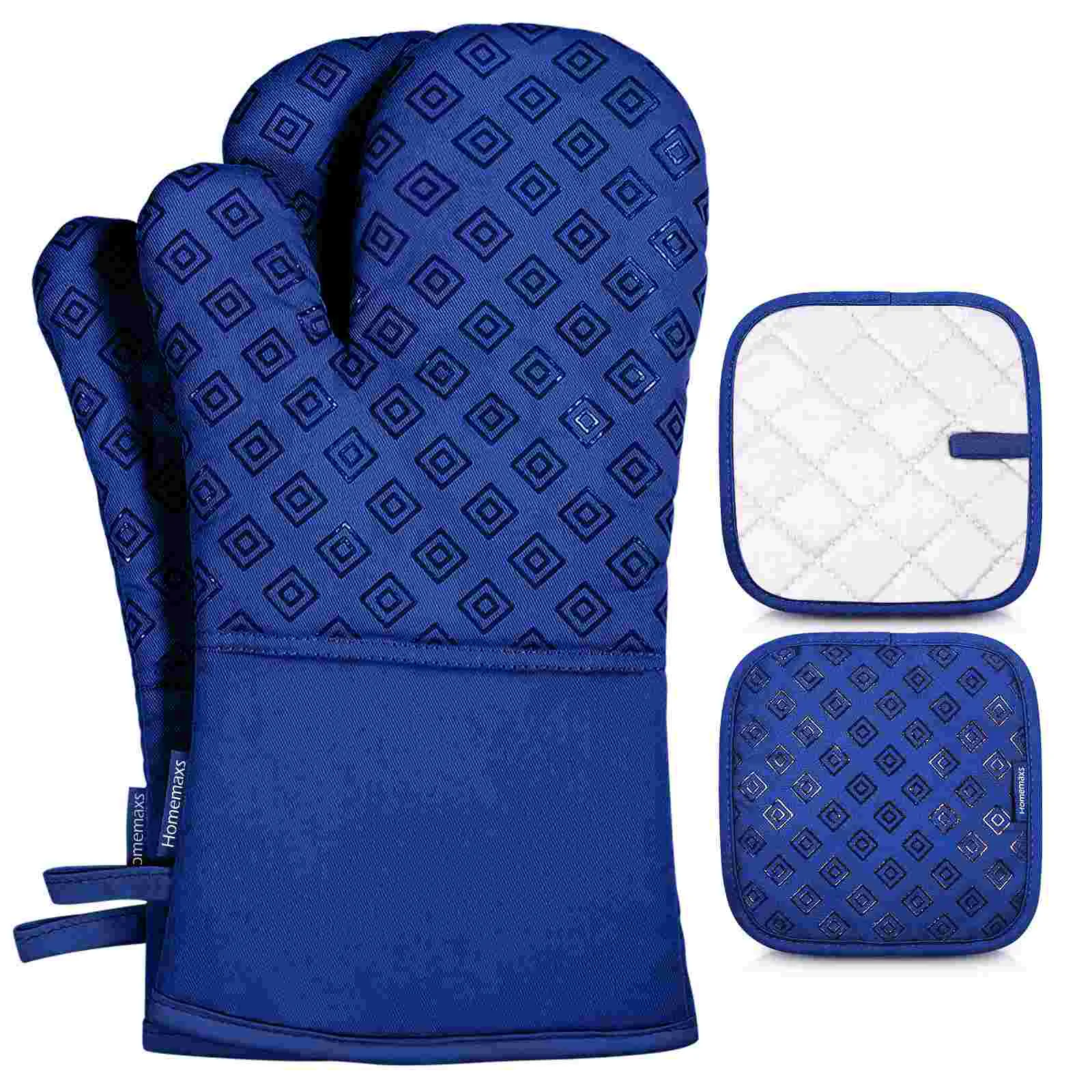 

Homemaxs 2PCS Oven Mitts with 2PCS Heat Resistant Pot Holder Pad Protective Oven Gloves (Blue)