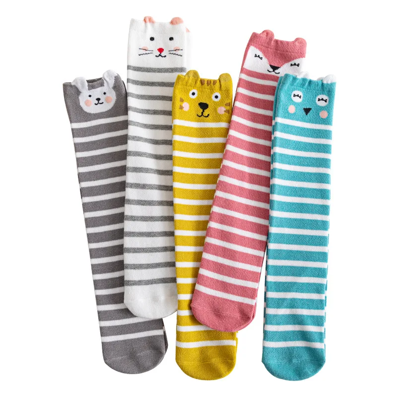 5pairs/lot 2022 Girls Socks Cartoon Fox Rabbit Tiger Owl Girl's Medium High Tube Socks Cotton Children's Knee Length Socks 2-12Y