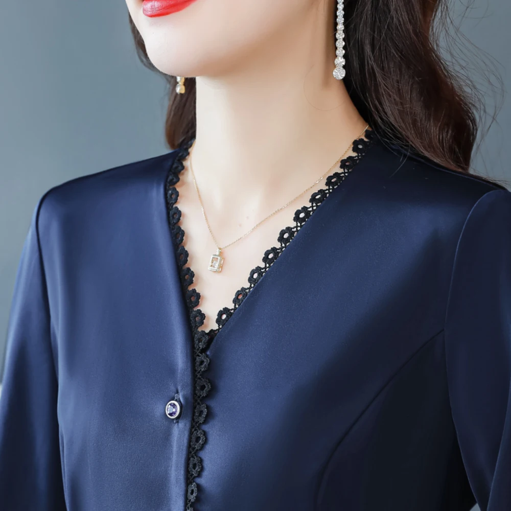 Office Lady Formal Blouse Spring Summer 3/4 Sleeve Women Simple Shirt Slim Waist V-Neck Blouse Female Casual Shirt Tops images - 6