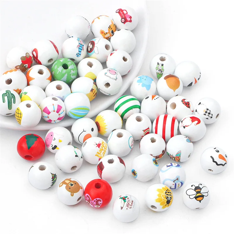 

10/20/30pcs 16mm Christmas Natural Wooden Beads Santa Snowman Spacer Beads for Jewelry Making DIY Holiday Decoration Accessories