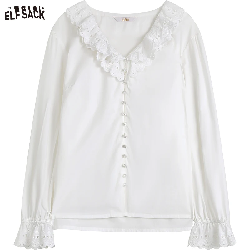 ELFSACK White French Lace Collar Blouses Women 2023 Spring New Casual Tops enlarge