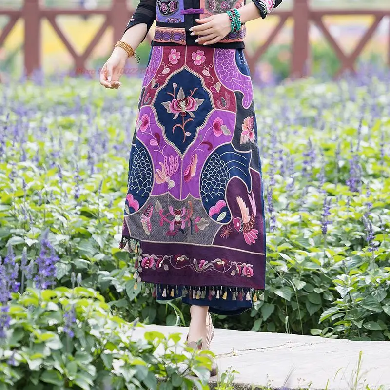 2023 retro cotton linen tassel flower embroidery ethnic harajuku women pantskirt chinese vintage loose wide leg split skirt