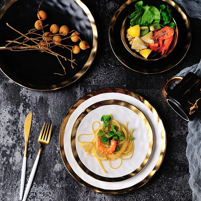 

Black Phnom Penh Ceramic Plate Home Nordic Simple Bowl Ramen Meal Steak Breakfast Plate Vegetable Platter Kitchen Tableware