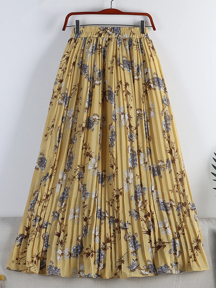

Summer Floral Pleated Skirts Womens High Waist A-Line Print Vintage Midi Skirt Korean Fashion Chiffon Swing Skirt Saia Feminina
