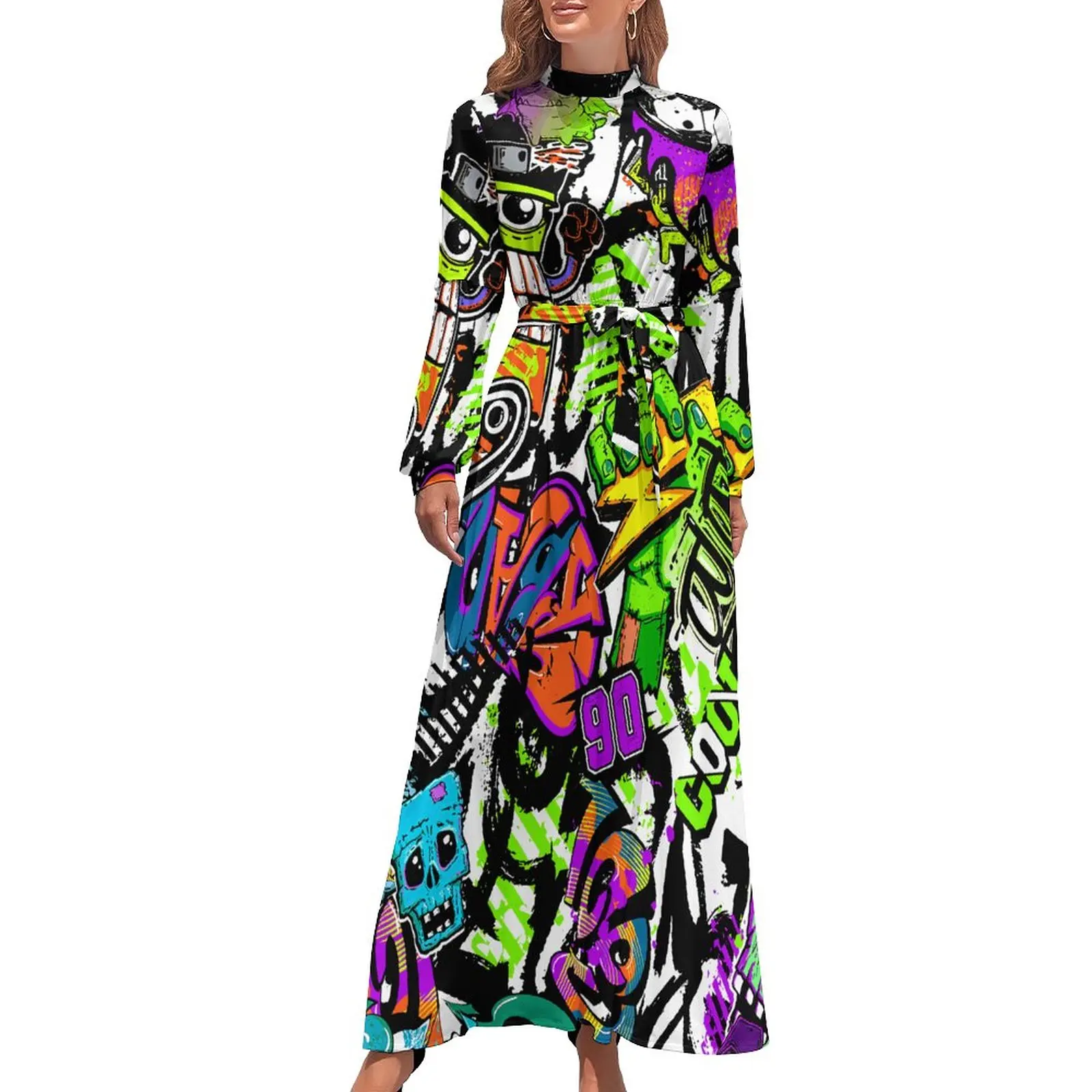 

Винтажное платье в стиле бохо 80-х с высокой талией, пляжное макси-платье с абстрактным изображением монстра и графическим принтом, длинное пикантное платье с длинным рукавом