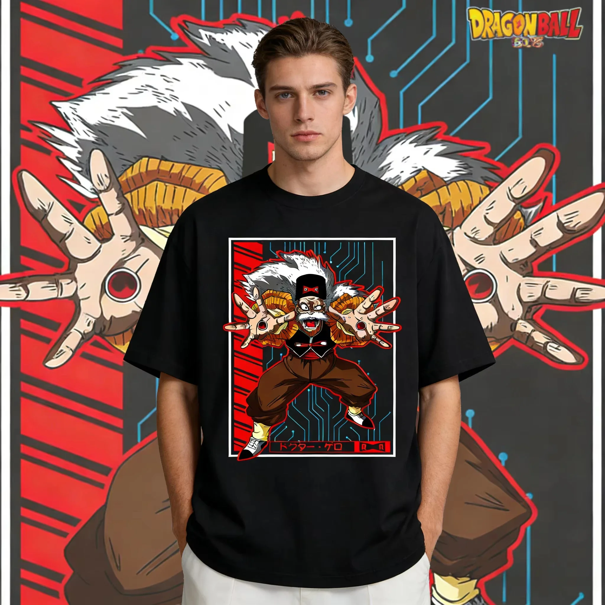 Фото Винтажная мужская футболка Dragon Ball Dr. Gero Red Ribbon Army с принтом из чистого хлопка, летняя мужская футболка 2026, унисекс, высококачественная уличная одежда, футболка №1