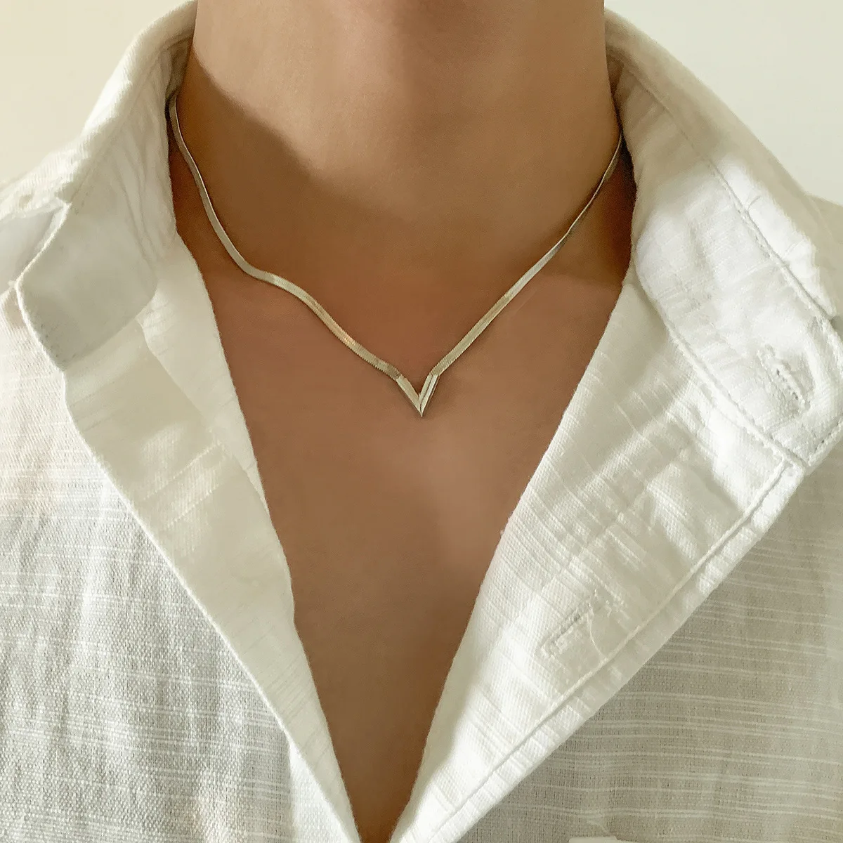 Simple Men's Jewelry Creative V-shaped Necklace For Women Men Flat Snake Chain Choker Fashion Blade Chains Neck Accessories Gift images - 6