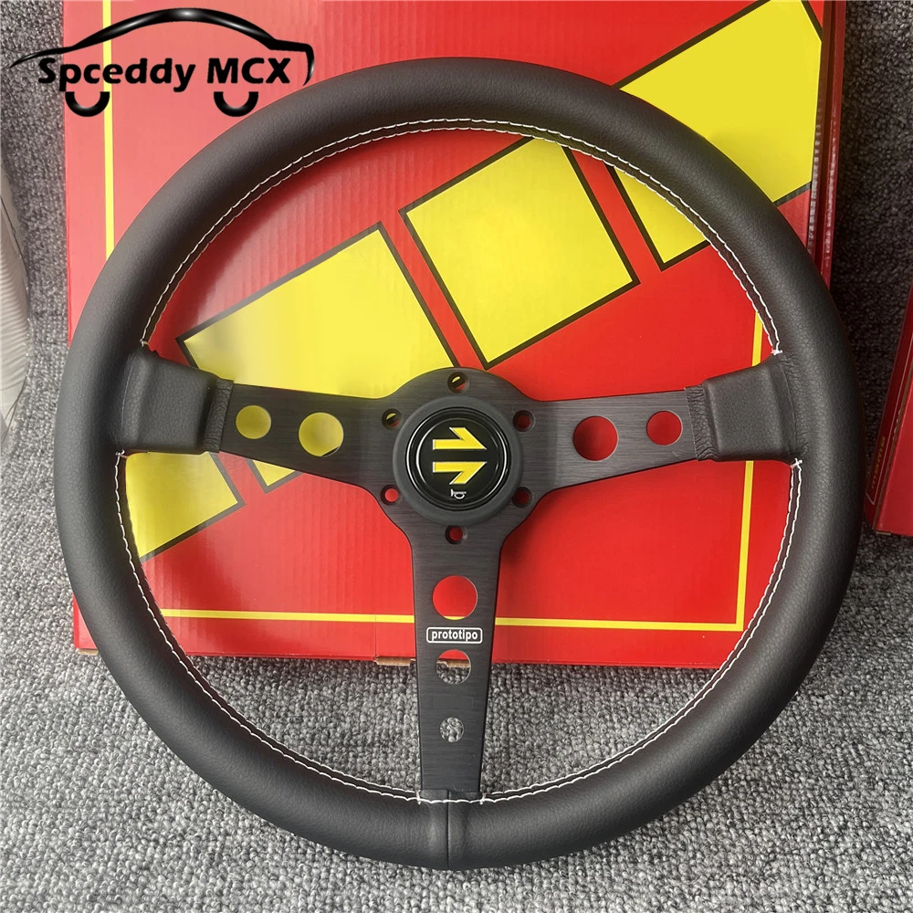 

14-дюймовый руль прототипо, универсальный гоночный дрифт, рулевые колеса JDM из натуральной кожи для стиля, черный, серебристый кронштейн