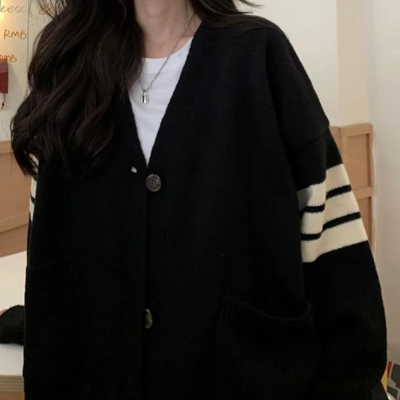 Deeptown Korean Style Striped Oversize Black Sweater Cardigan Women Punk Harajuku Basic Soild Long Sleeve Jumper Female Tops |