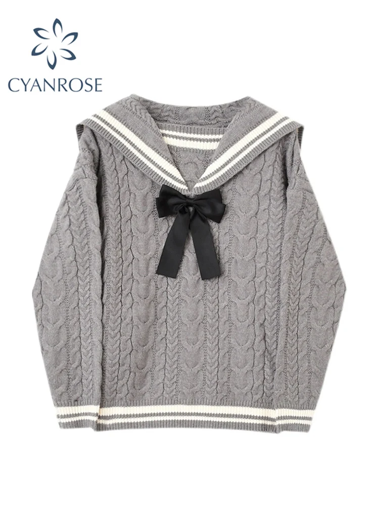 

Женский винтажный трикотажный свитер с бантом, Свободный Повседневный пуловер с воротником-лодочкой для подростков, осень 2021