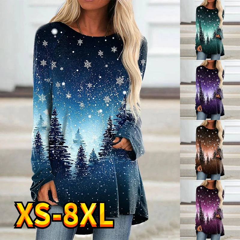 Women's Tops Christmas Snowflake Sparkly Painting Print Weekend Daily Long Sleeve Round Neck Basic Essential T Shirt Tee XS-8XL