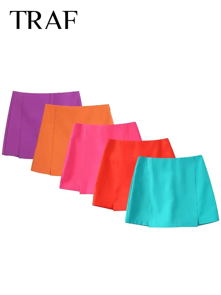 

TRAF Fashion Multicolor Lady Skirt Retro High Waist Slim Side Zipper Sexy Elegant Short Culottes Street Casual Women Clothing
