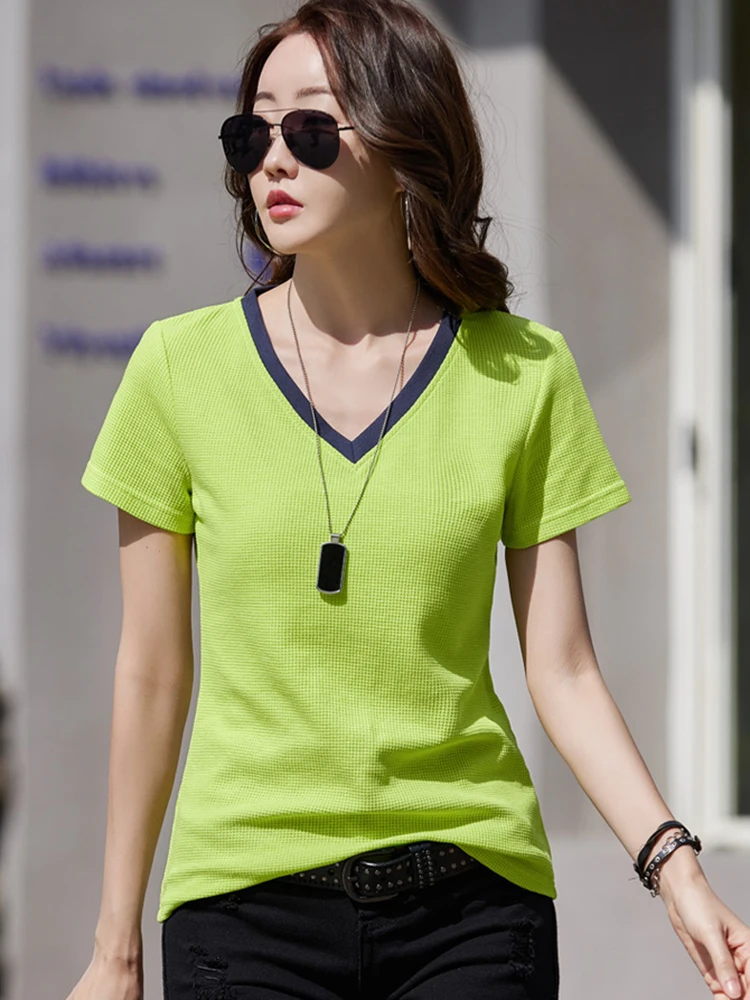 

Summer 2023 New Cotton T Shirt Women Korean Fashion Short Sleeve T-shirts Loose O Neck Casual Plaid Tee Shirts Female White Tops