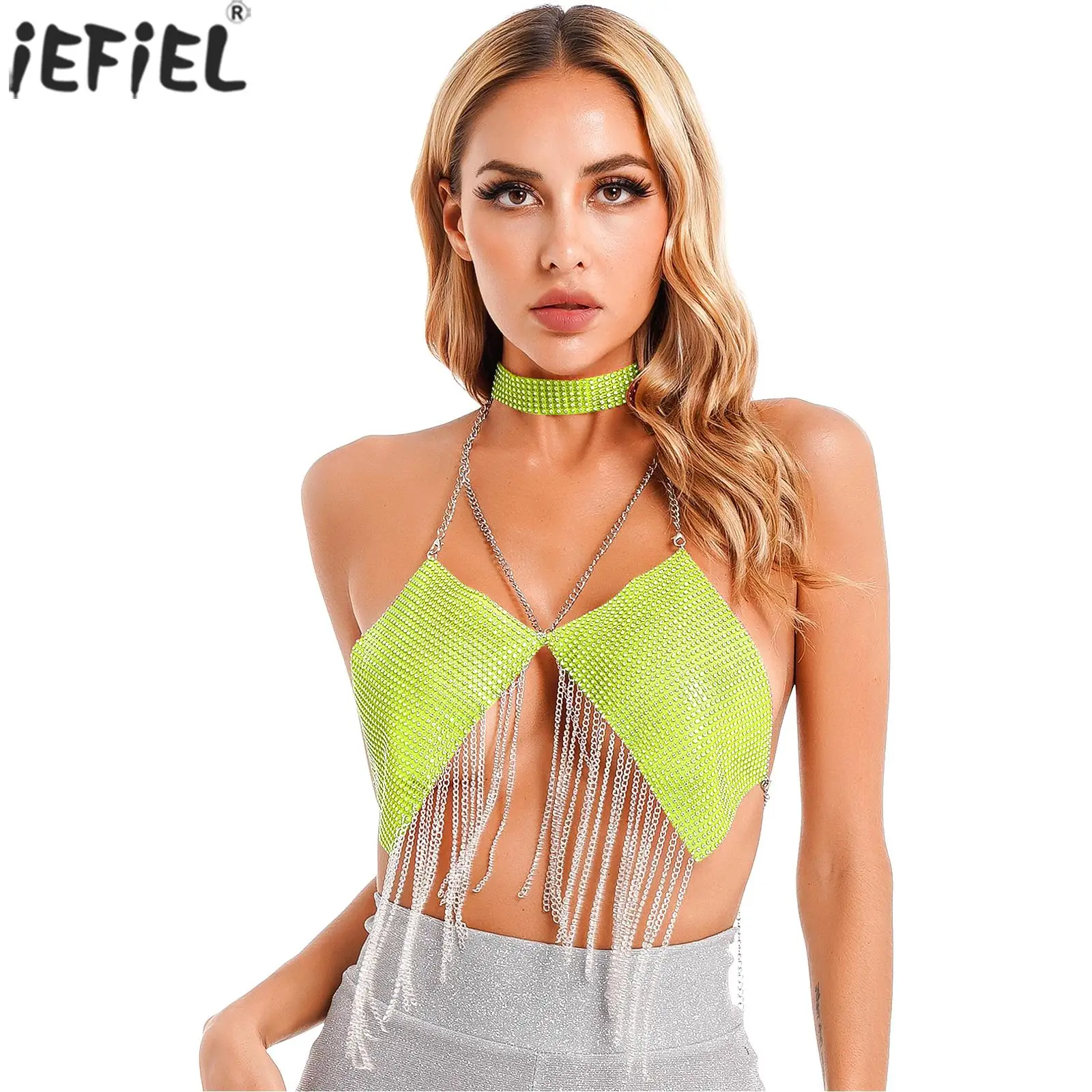 

Womens Sparkling Rhinestone Metal Chain Tassels Camisole Halter Backless Crop Top with Choker Body Chains Rave Party Clubwear