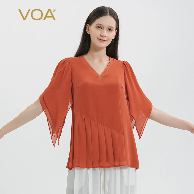 

VOA 30 Momme Heavyweight Mulberry Silk V-neck Spliced Georgette Silk Loose-leaf Design Double-layer Short-sleeved T-shirt BE1085